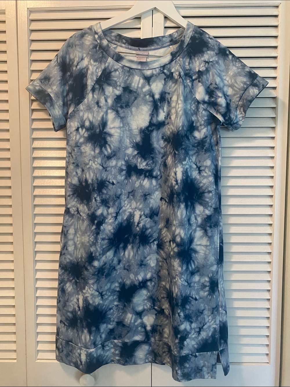 Chico’s Zenergy Women’s Size 8 10 Blue Tie-Dye Short Sleeve 100% Cotton Dress